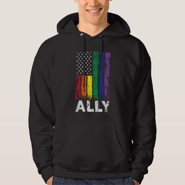 Gay Ally USA Patriotic Rainbow Flag Gay Pride 4th  Hoodie (Front)