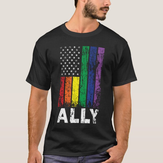 Gay Ally USA Patriotic Rainbow Flag Gay Pride 4th  T-Shirt (Front)