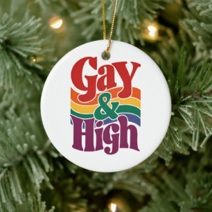Gay And High Retro LGBTQ Pride Flag Ceramic Ornament
