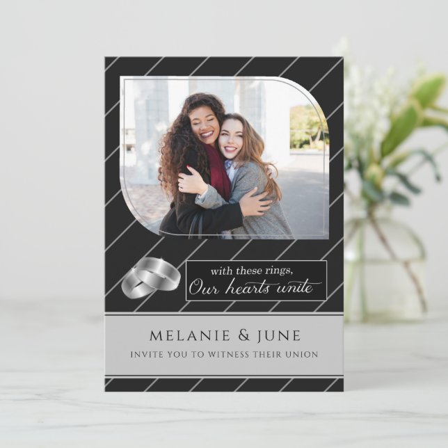 Gay and Lesbian Black Pinstripe Photo Wedding Invitation (Standing Front)