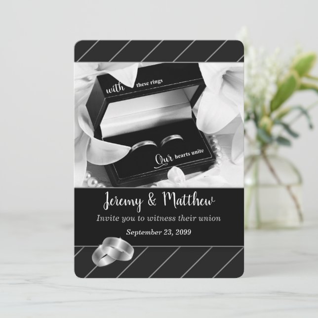 Gay and Lesbian Black Stripe and Rings Wedding Invitation (Standing Front)