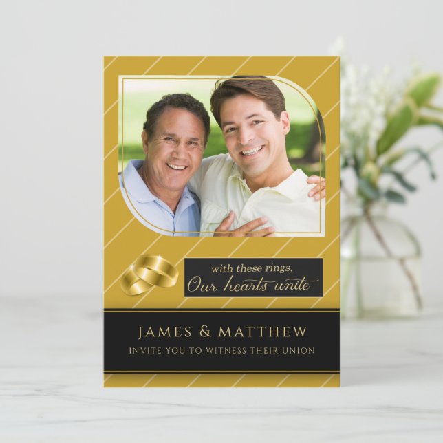Gay and Lesbian Gold Pinstripe Photo Wedding Invitation (Standing Front)