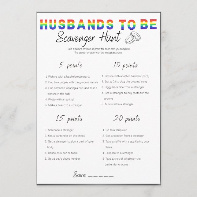 Gay Bachelor Party Game, Scavenger Hunt Invitation (Front)