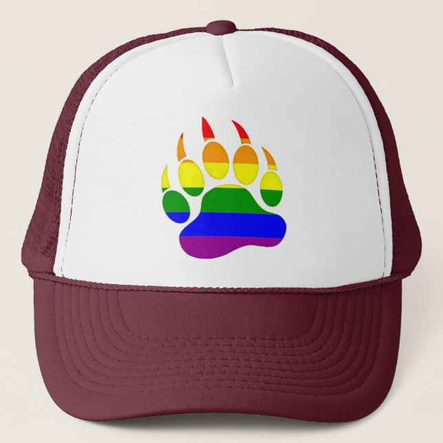 Gay bear pride rainbow Flag Bear Paw Trucker Hat (Front)