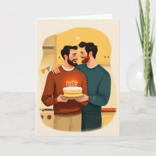Gay Birthday Card — Two Men with Cake & Candles