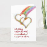 Gay Birthday Wish for Husband, Rainbow, Hearts Card<br><div class="desc">Wish your mate,  the most amazing husband a guy could ask for,  a happy birthday with this lgbt colourful greeting card that has a bright airbrush effect image of two interlocking hearts,  which have formed at the end of a rainbow.</div>