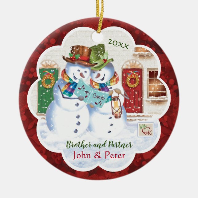 Gay, Brother and Partner, Snowmen Carolling, xmas Ceramic Ornament (Front)
