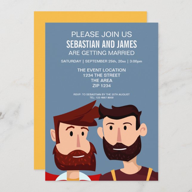 Gay Cartoon Grooms With Beards Wedding Themed Invitation (Front/Back)