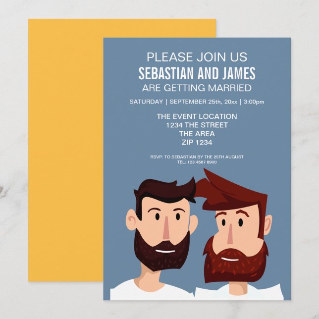 Gay Cartoon Grooms With Beards Wedding Themed Invitation (Front/Back)