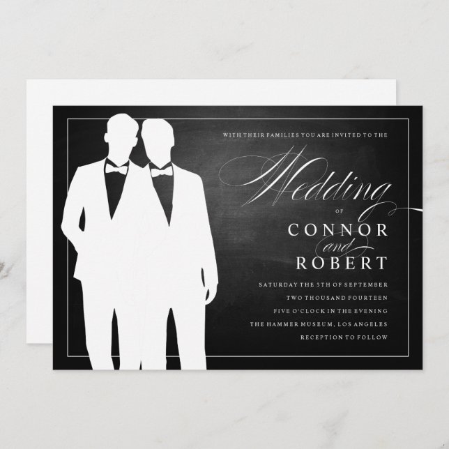 Gay Chalkboard Wedding Two Grooms Silhouettes Invitation (Front/Back)