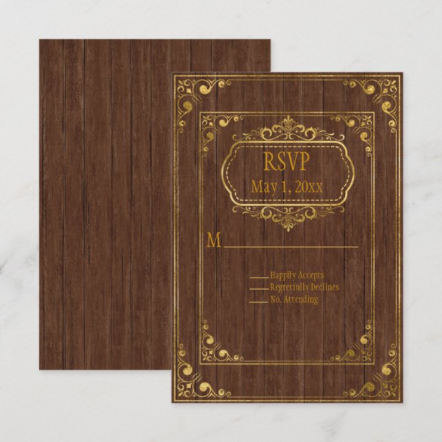 Gay Couple Brown Barnwood and Gold Wedding RSVP (Front/Back)