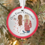 Gay couple first Christmas PHOTO romantic red Ornament<br><div class="desc">Celebrate your first Christmas together with this adorable illustration of a blonde and strawberry brunette couple sitting with their backs to you wearing ugly Xmas sweaters and drinking hot chocolate. The words, our first Christmas followed by the year, appear on the front and the back has a photo template for...</div>