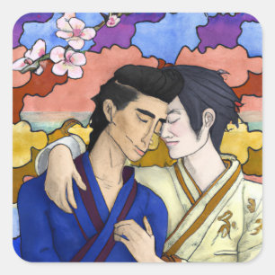 Gay Couple In The Style Of Ukiyo-e Japanese Art Square Sticker