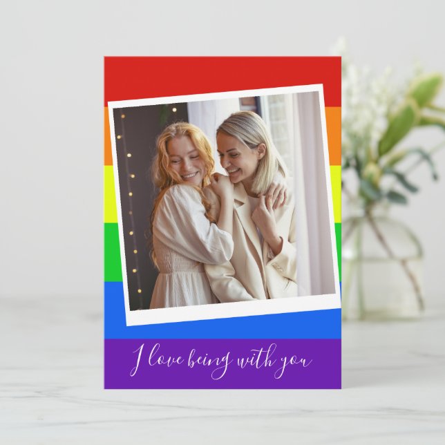 Gay Couple Photo Custom Rainbow Romantic LGBTQ Card (Standing Front)