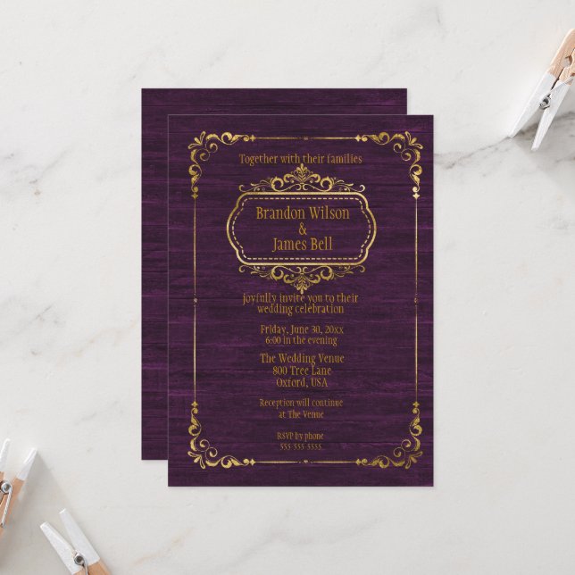 Gay Couple Purple Barnwood and Gold Frames Wedding Invitation (Front/Back In Situ)