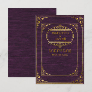Gay Couple Purple Barnwood Gold Frames Wedding Save The Date