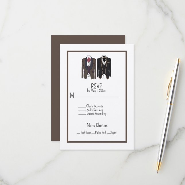  Gay Couple Tuxedos Wedding RSVP Card (Front/Back In Situ)