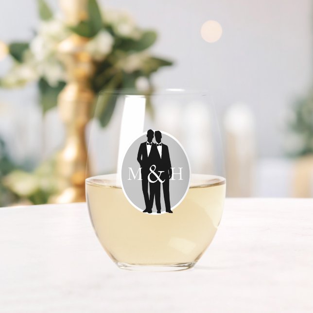 Gay Couple Two Grooms Wedding Stemless Wine Glass (Insitu (Wedding))