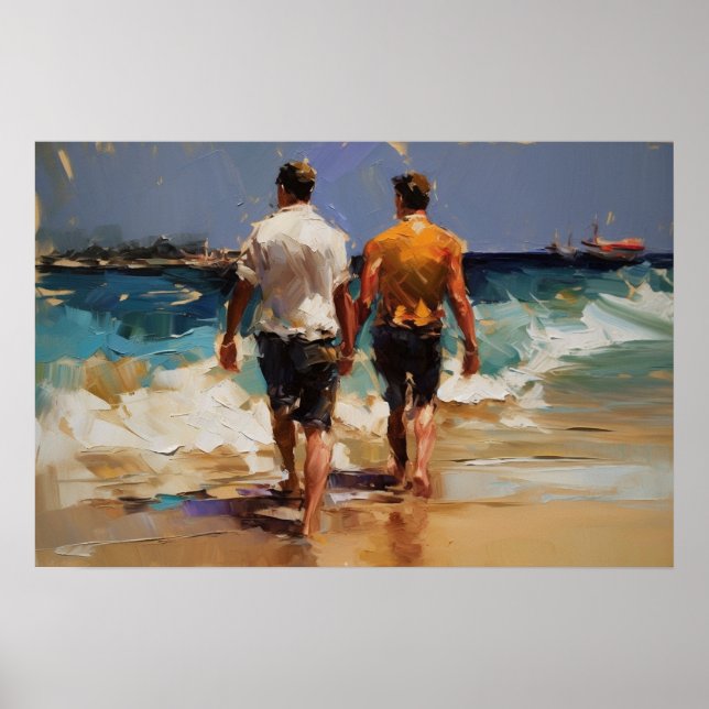 Gay couple walking on the beach poster (Front)
