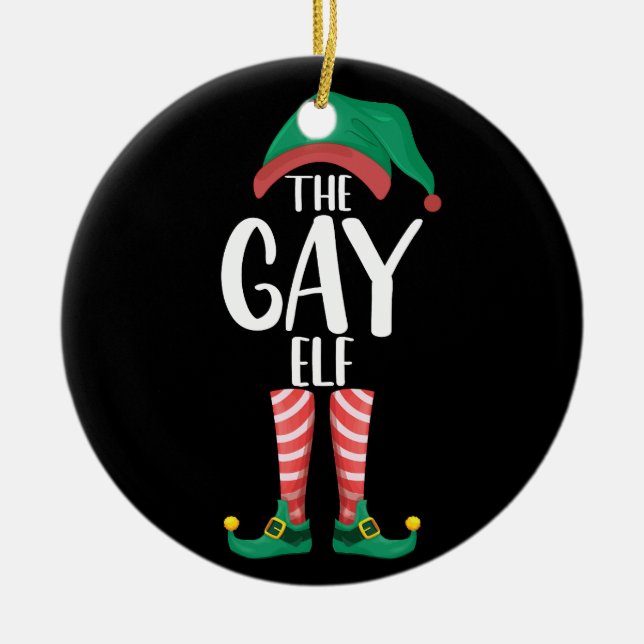 Gay Elf LGTBQ Matching Family Christmas Party Ceramic Ornament (Front)