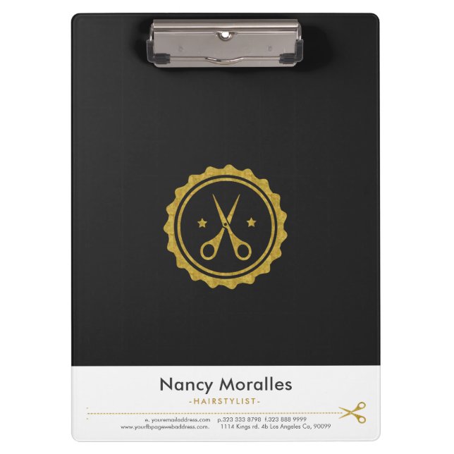 Gay Gold & White Hairstylist Scissors & Circle Log Clipboard (Front)
