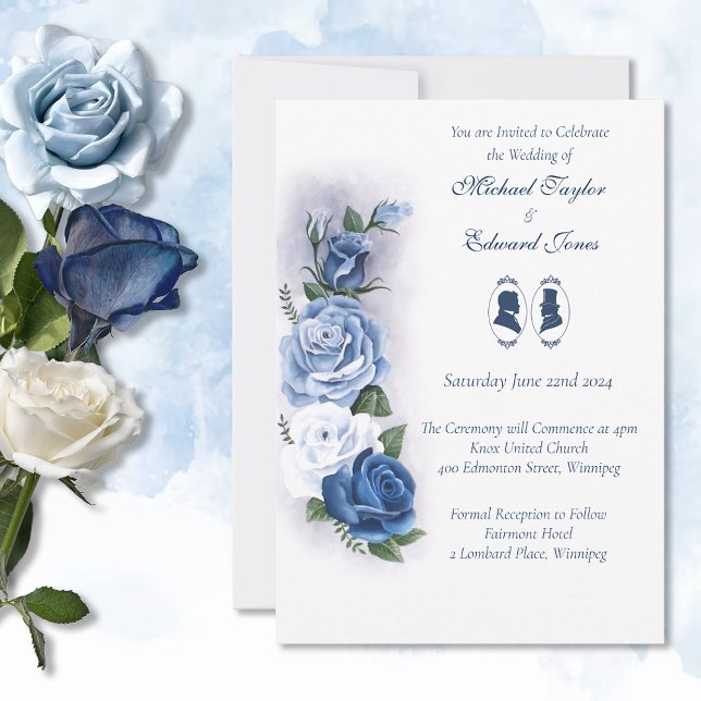 Gay Grooms Regency Blue Roses Invitation (Creator Uploaded)