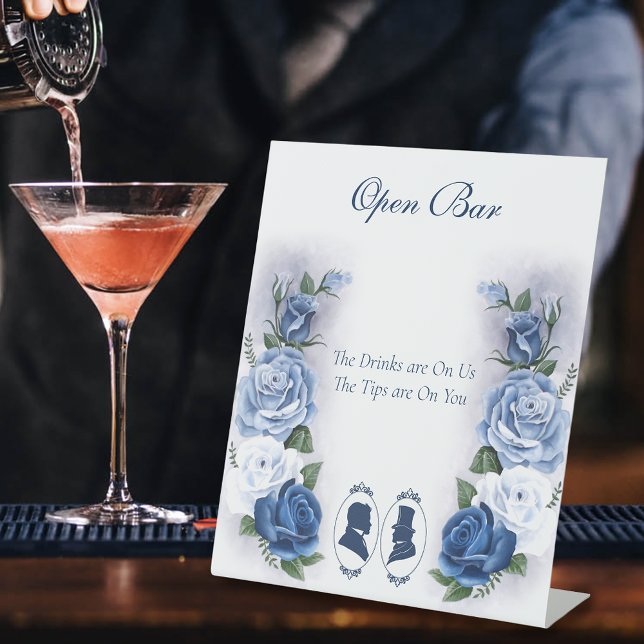 Gay Grooms Regency Blue Roses Open Bar Pedestal Sign (Creator Uploaded)