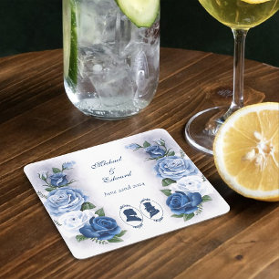 Gay Grooms Regency Blue Roses Square Paper Coaster