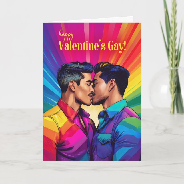 Gay Latin Couple Rainbow Pop Art Valentine's Day Holiday Card (Front)