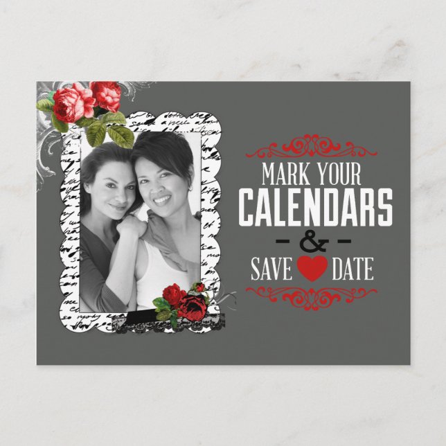 Gay Lesbian Chalkboard and Roses Save the Date Announcement Postcard (Front)