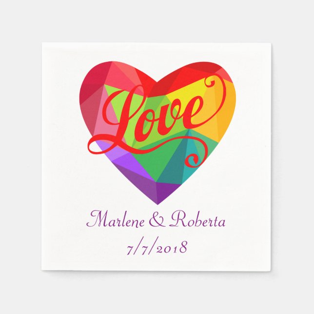 Gay Lesbian Rainbow Heart Wedding Personalised Nap Napkin (Front)