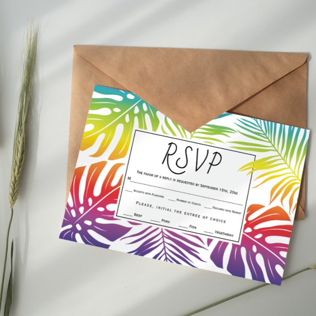 Gay, lesbian rainbow leaves confetti wedding RSVP card (Creator Uploaded)