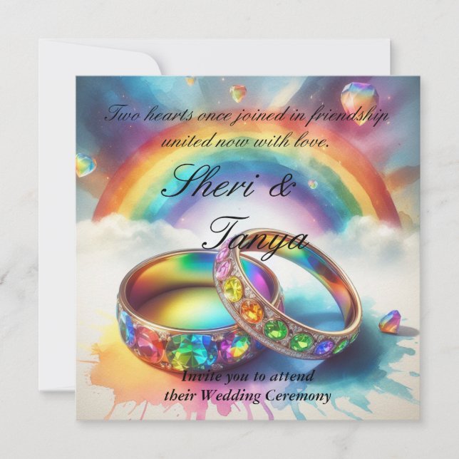 Gay Lesbian Rainbow Rings Wedding Ceremony Invitation (Front)