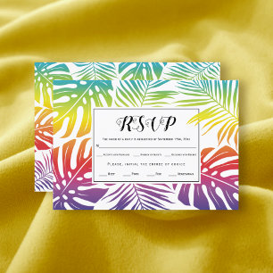Gay, lesbian wedding rainbow tropical leaves RSVP card