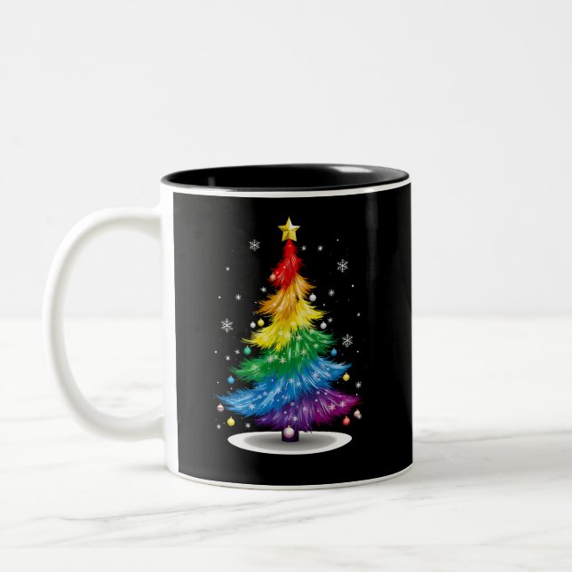 Gay LGBT Pride Rainbow Christmas Tree Merry Xmas Two-Tone Coffee Mug (Left)