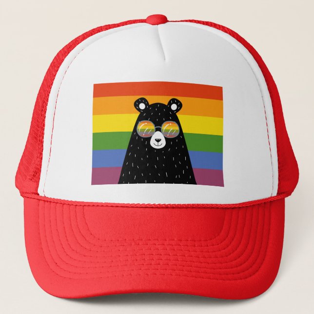 Gay LGBT Rainbow Pride Bear In Glasses Trucker Hat (Front)