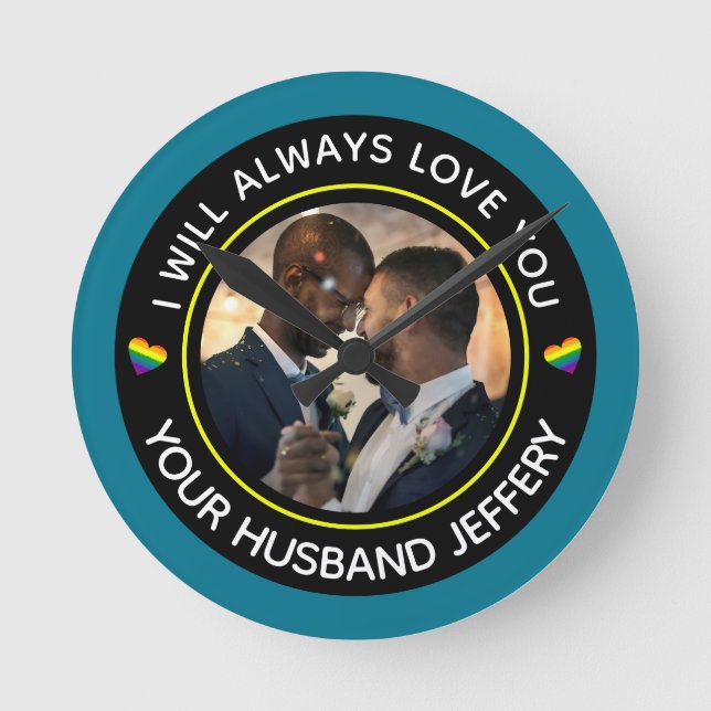  Gay LGBTQ Photo Wedding Couple Personalize    Round Clock (Front)