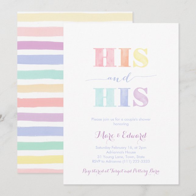 Gay Male Wedding Shower, LGBTQ rainbow Invitation (Front/Back)