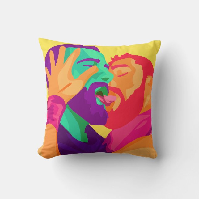 Gay Men Kissing, Rainbow Art, Colourful Pillow (Front)