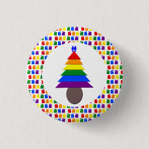 Gay Men Rainbow Christmas Tree and Presents 3 Cm Round Badge