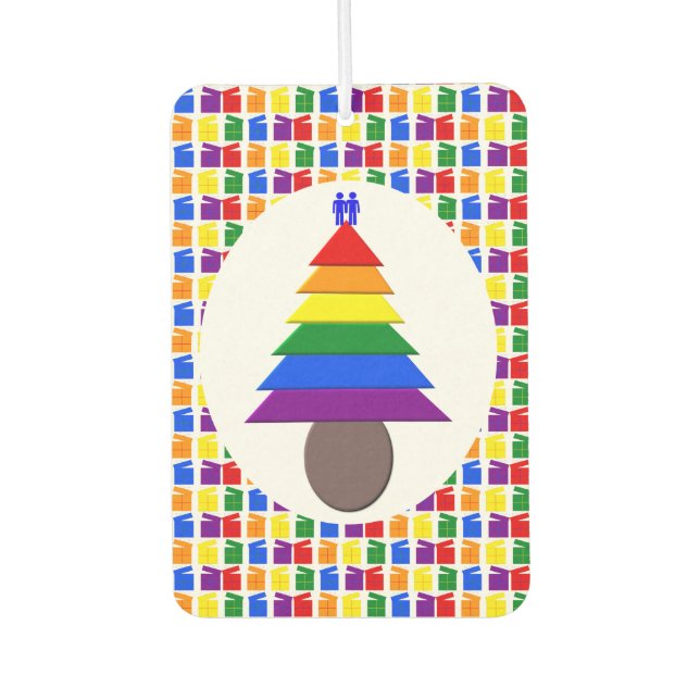 Gay Men Rainbow Christmas Tree and Presents Car Air Freshener (Front)