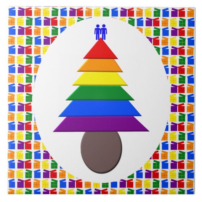 Gay Men Rainbow Christmas Tree and Presents Ceramic Tile (Front)