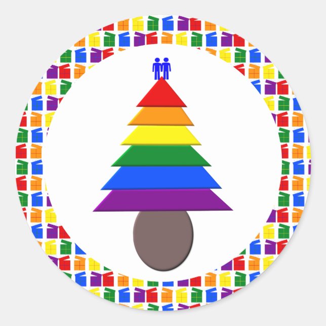 Gay Men Rainbow Christmas Tree and Presents Classic Round Sticker (Front)