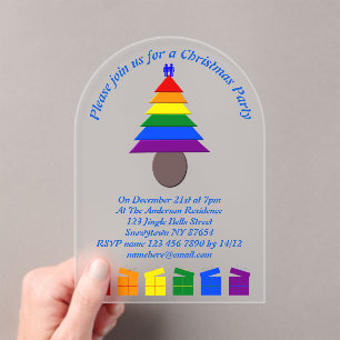Gay Men Rainbow Christmas Tree and Presents Custom Acrylic Invitations