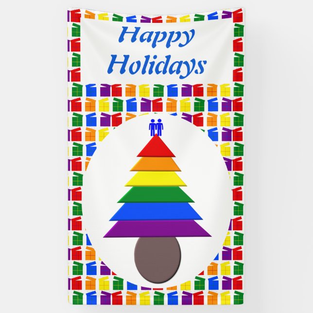 Gay Men Rainbow Christmas Tree and Presents Custom Banner (Vertical)