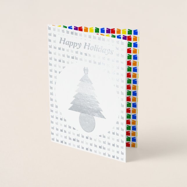Gay Men Rainbow Christmas Tree and Presents Custom Foil Card (Front)