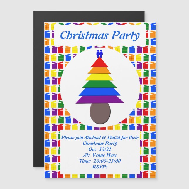 Gay Men Rainbow Christmas Tree and Presents Custom Magnetic Invitation (Front/Back)