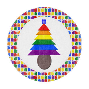 Gay Men Rainbow Christmas Tree and Presents Cutting Board