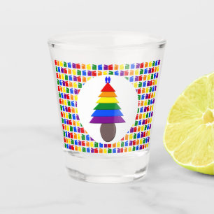 Gay Men Rainbow Christmas Tree and Presents Shot Glass