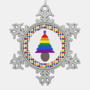 Gay Men Rainbow Christmas Tree and Presents Snowflake Pewter Christmas Ornament